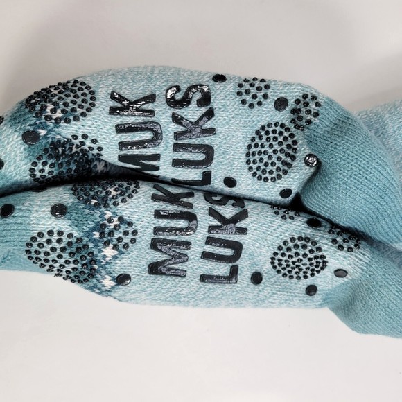 Muk Luks Teal Blue Shea Butter Faux Shearling Cabin Slipper Socks S/M 6-8 NEW - Picture 4 of 5